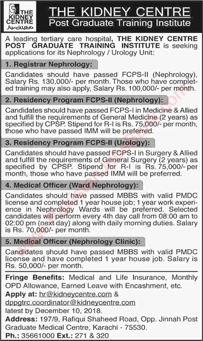 The Kidney Centre Karachi Jobs November 2018 December Medical Officers & Others Latest