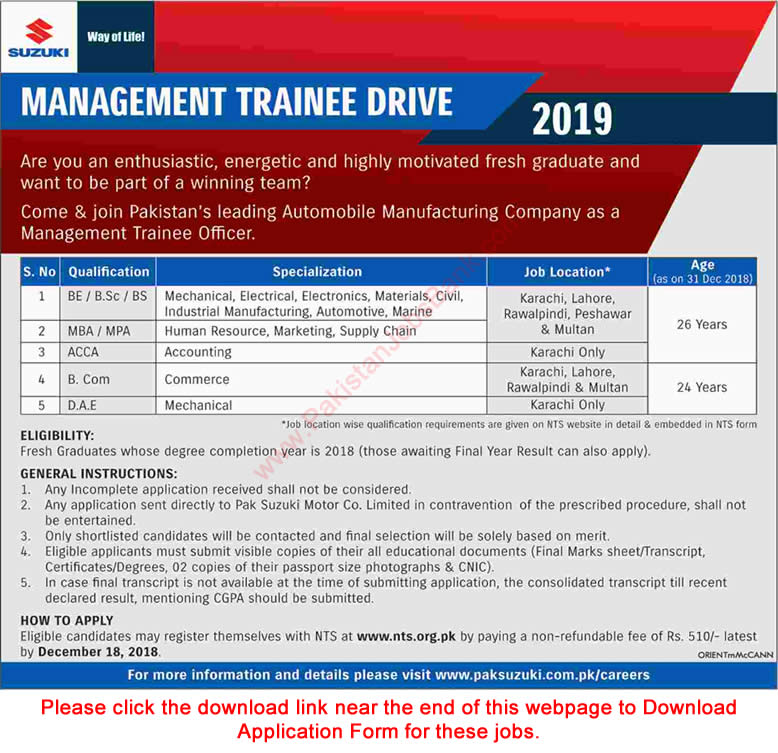 Pak Suzuki Management Trainee Program December 2018 NTS Application Form MTO Jobs Latest