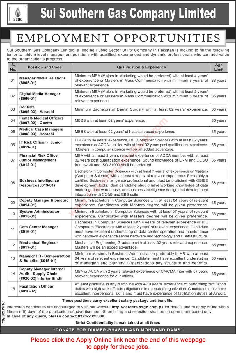 SSGC Jobs December 2018 Sui Southern Gas Company Apply Online Latest