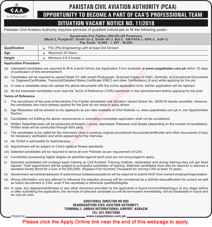 Aerodrome Fire Fighter Jobs in Civil Aviation Authority Pakistan December 2018 CAA Apply Online Latest