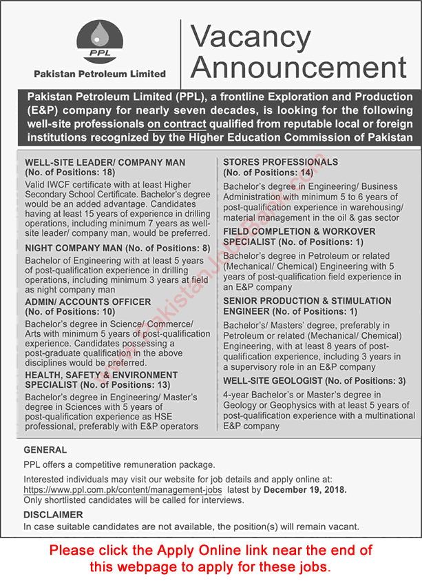 PPL Jobs December 2018 Apply Online Pakistan Petroleum Limited Latest Advertisement