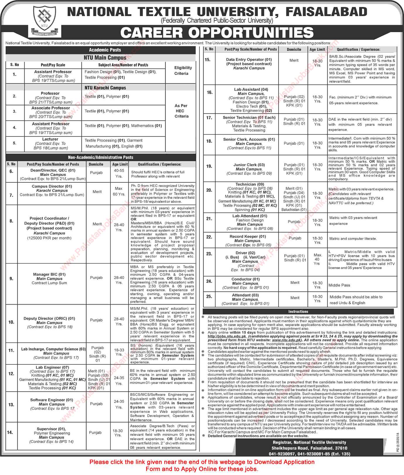 National Textile University Faisalabad Jobs December 2018 Apply Online Application Form Latest