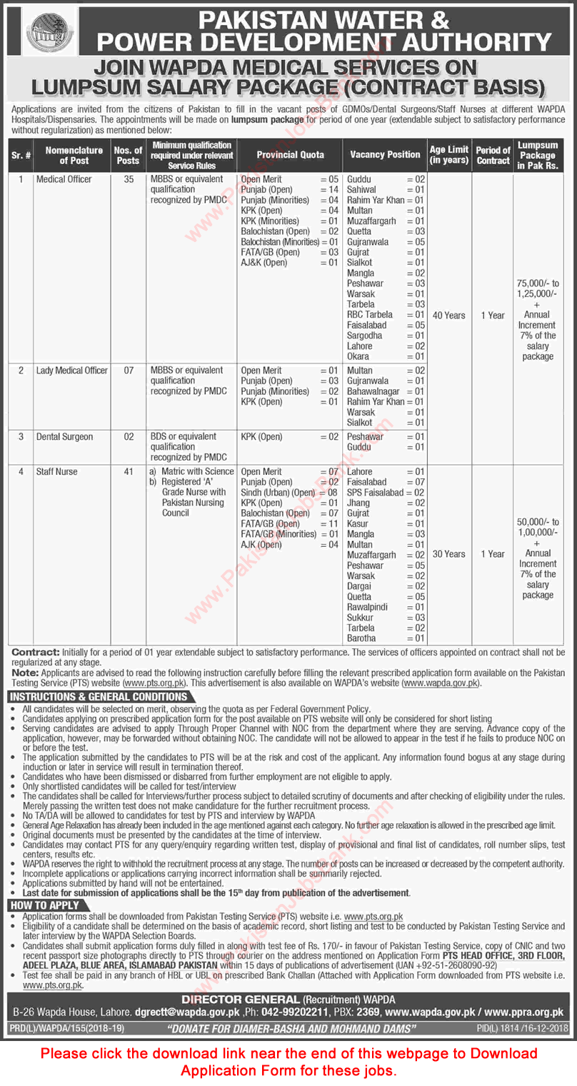 WAPDA Jobs December 2018 Nurses, Medical Officers & Dental Surgeons PTS Application Form Latest