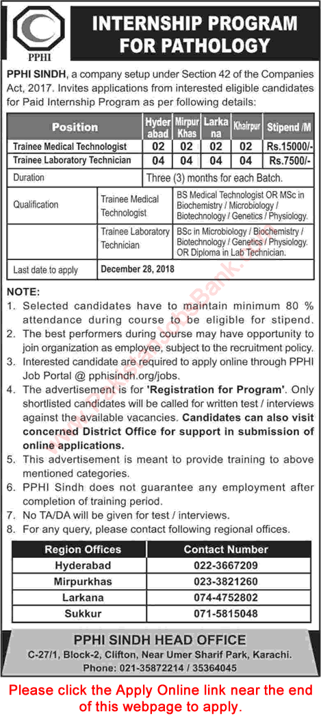 PPHI Sindh Internship Program December 2018 Apply Online Latest