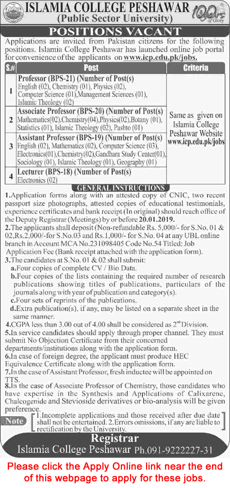 Islamia College Peshawar Jobs December 2018 Apply Online University Teaching Faculty Latest