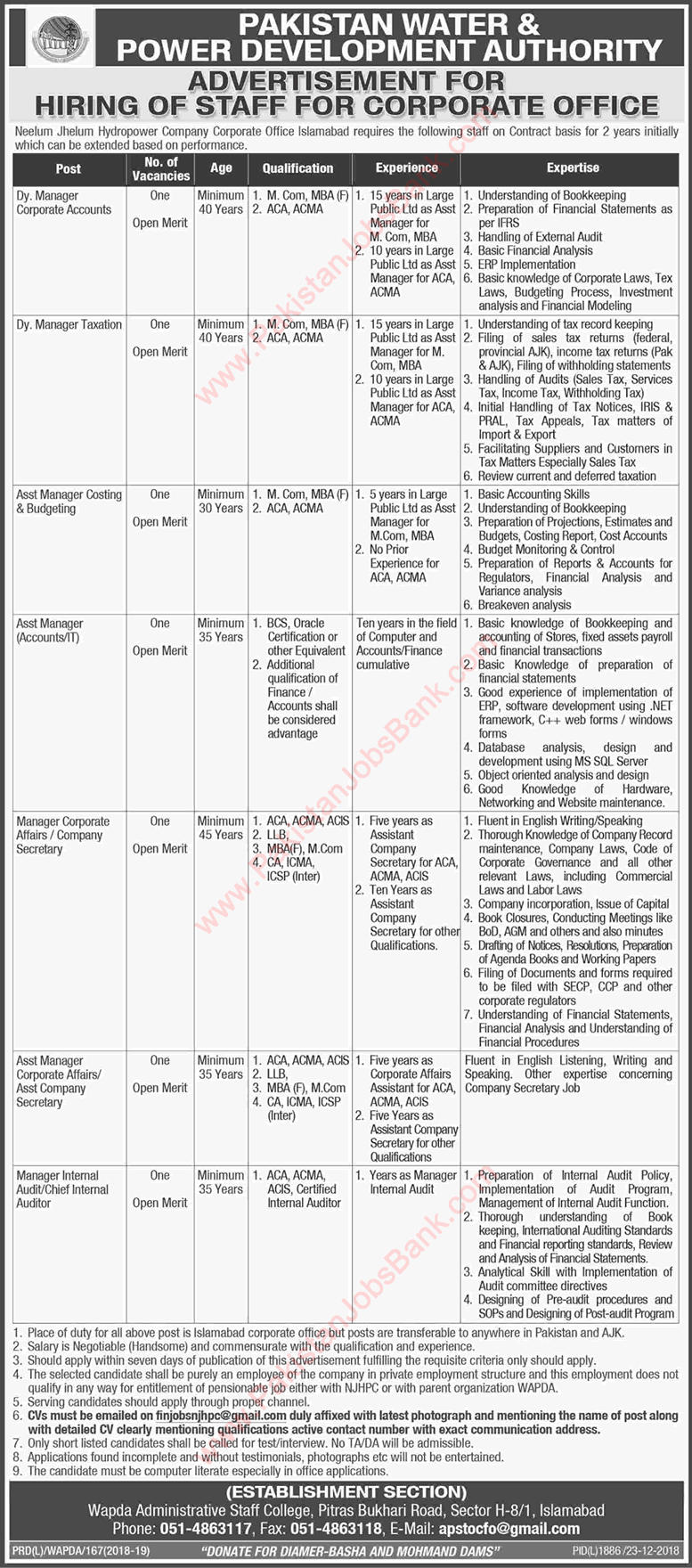 Neelum Jhelum Hydropower Company Islamabad Jobs 2018 December WAPDA Latest