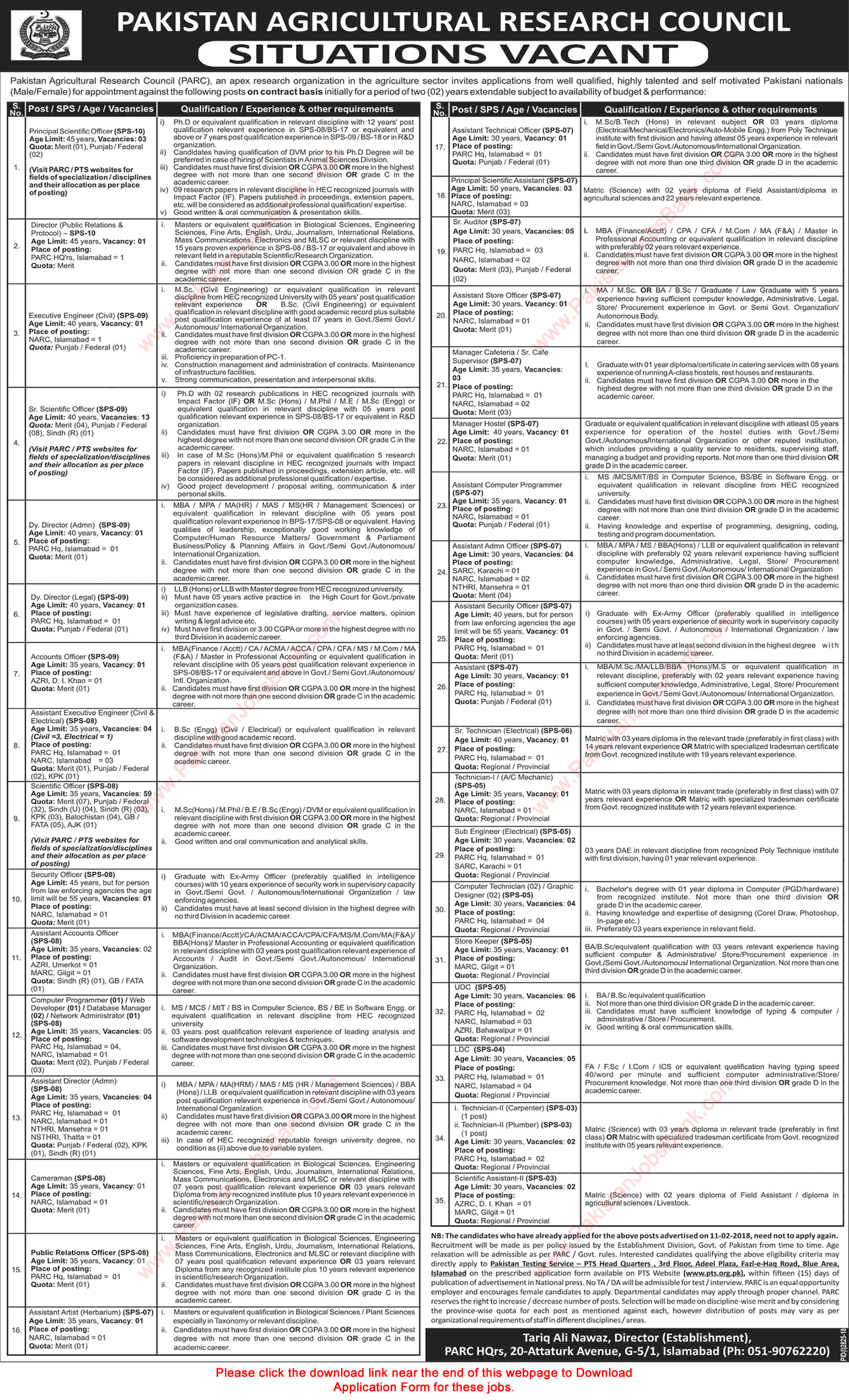 PARC Jobs December 2018 PTS Application Form Pakistan Agricultural Research Council Latest