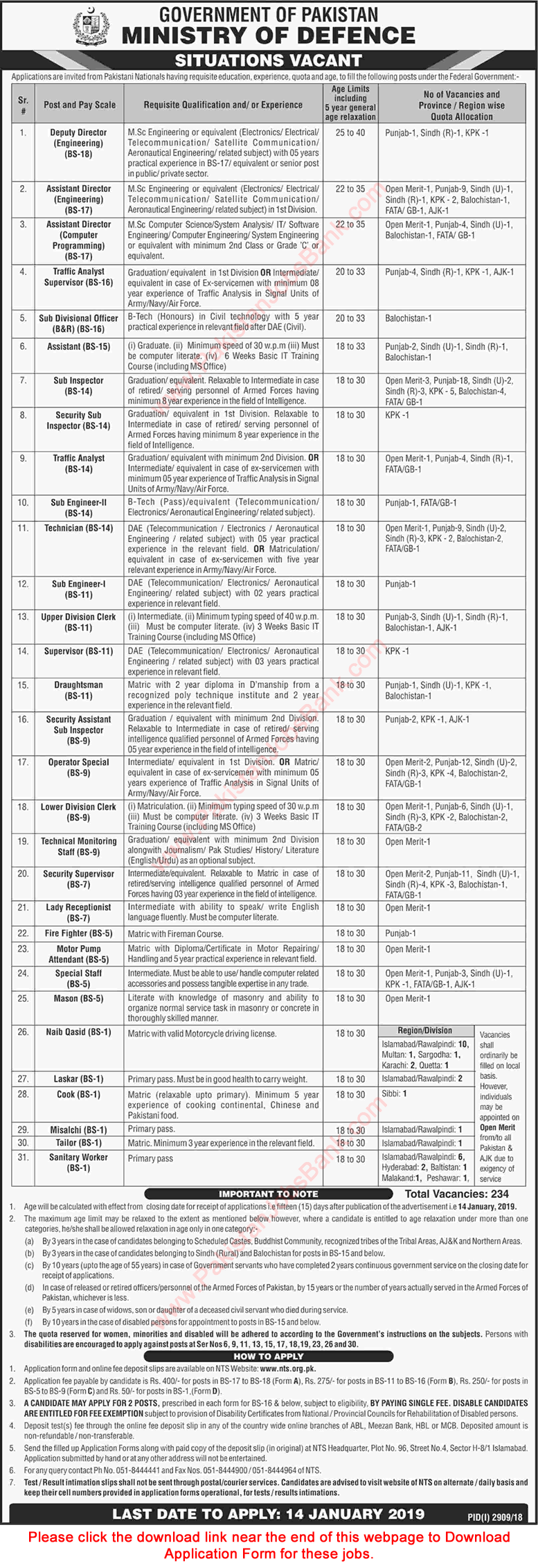 Ministry of Defence Jobs December 2018 / 2019 NTS Application Form Sub Inspectors, Clerks & Others Latest