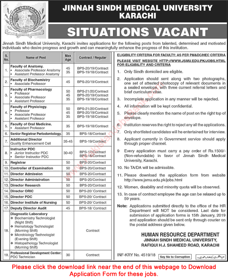 Jinnah Sindh Medical University Karachi Jobs December 2018 / 2019 Application Form Teaching Faculty & Others Latest