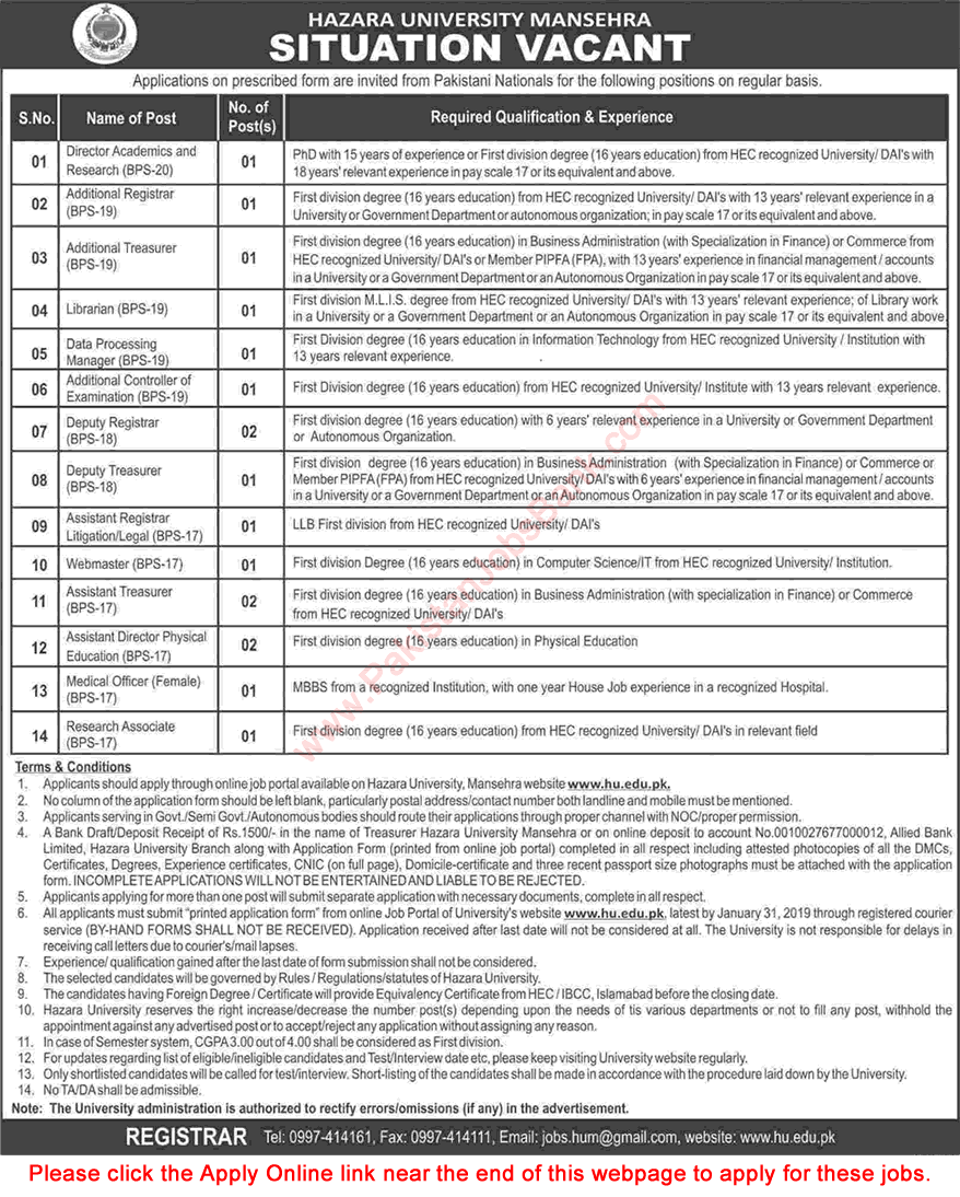 Hazara University Jobs December 2018 / 2019 Mansehra Apply Online Latest