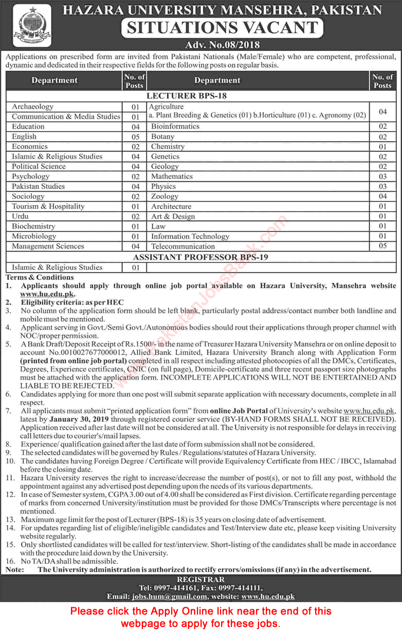 Lecturer Jobs in Hazara University December 2018 / 2019 Mansehra Apply Online Latest