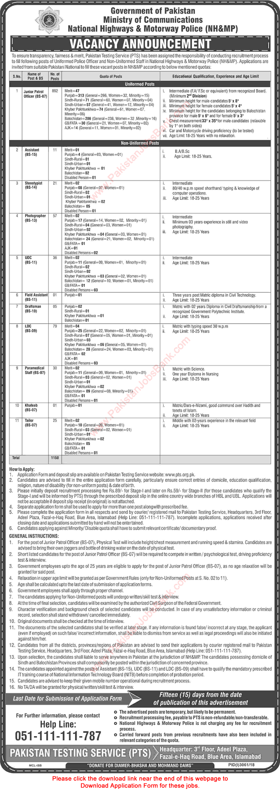 Motorway Police Jobs 2019 Junior Patrol Officers, Clerks & Others PTS Application Form NH&MP Latest / New