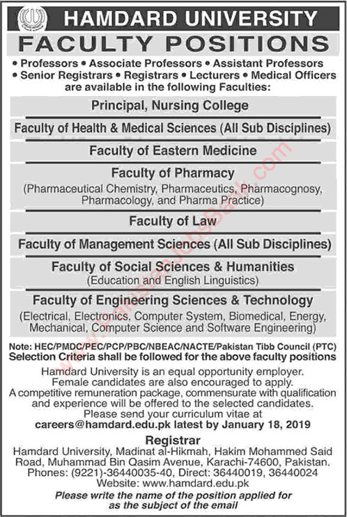 Hamdard University Karachi Jobs 2019 Teaching Faculty & Medical Officers Latest