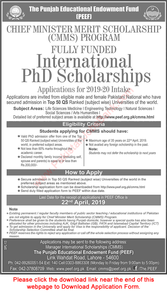 Chief Minister Merit Scholarships 2019 PEEF Application Form International PhD Scholarship CMMS Latest