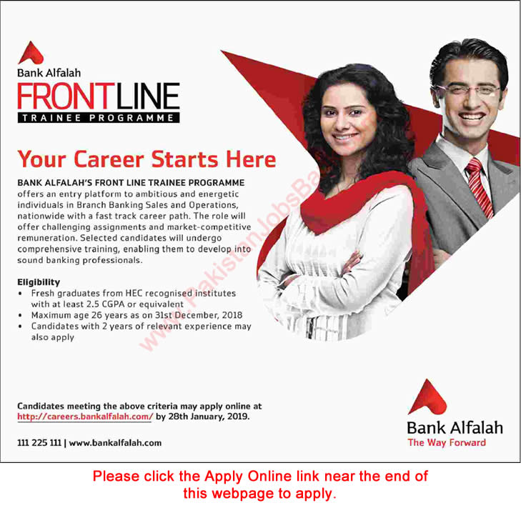 Bank Alfalah Jobs 2019 Apply Online Front Line Trainee Program for Fresh Graduates Latest