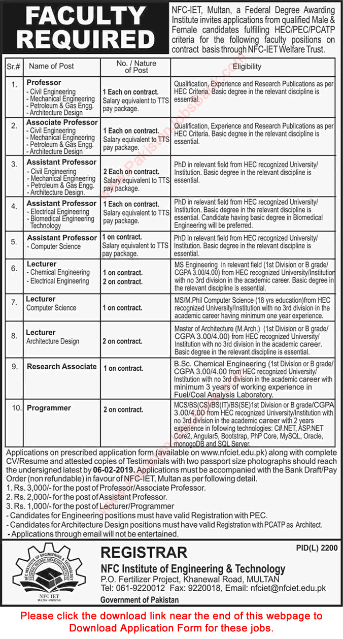 NFC Institute of Engineering and Technology Multan Jobs 2019 Application Form Teaching Faculty & Others Latest