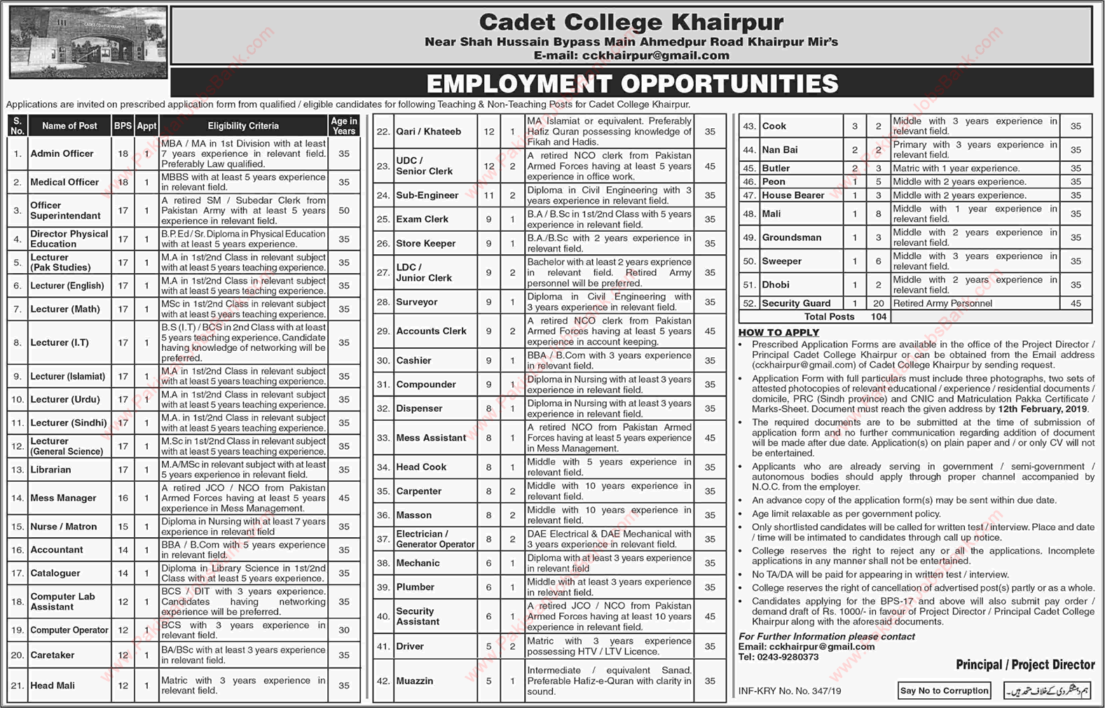 Cadet College Khairpur Jobs 2019 Lecturers, Clerks, Security Guards & Others Latest