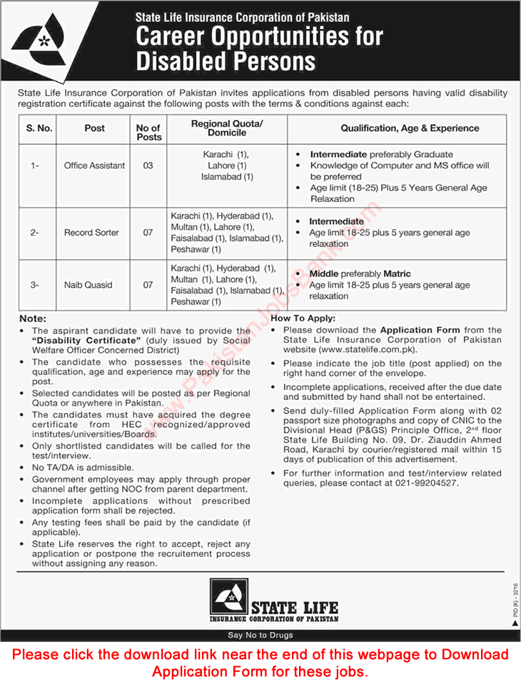 State Life Insurance Corporation of Pakistan Jobs February 2019 Application Form Disabled Persons Latest