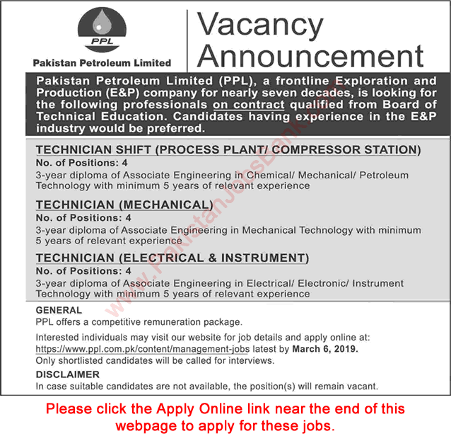 PPL Jobs 2019 February Technicians Pakistan Petroleum Limited Latest