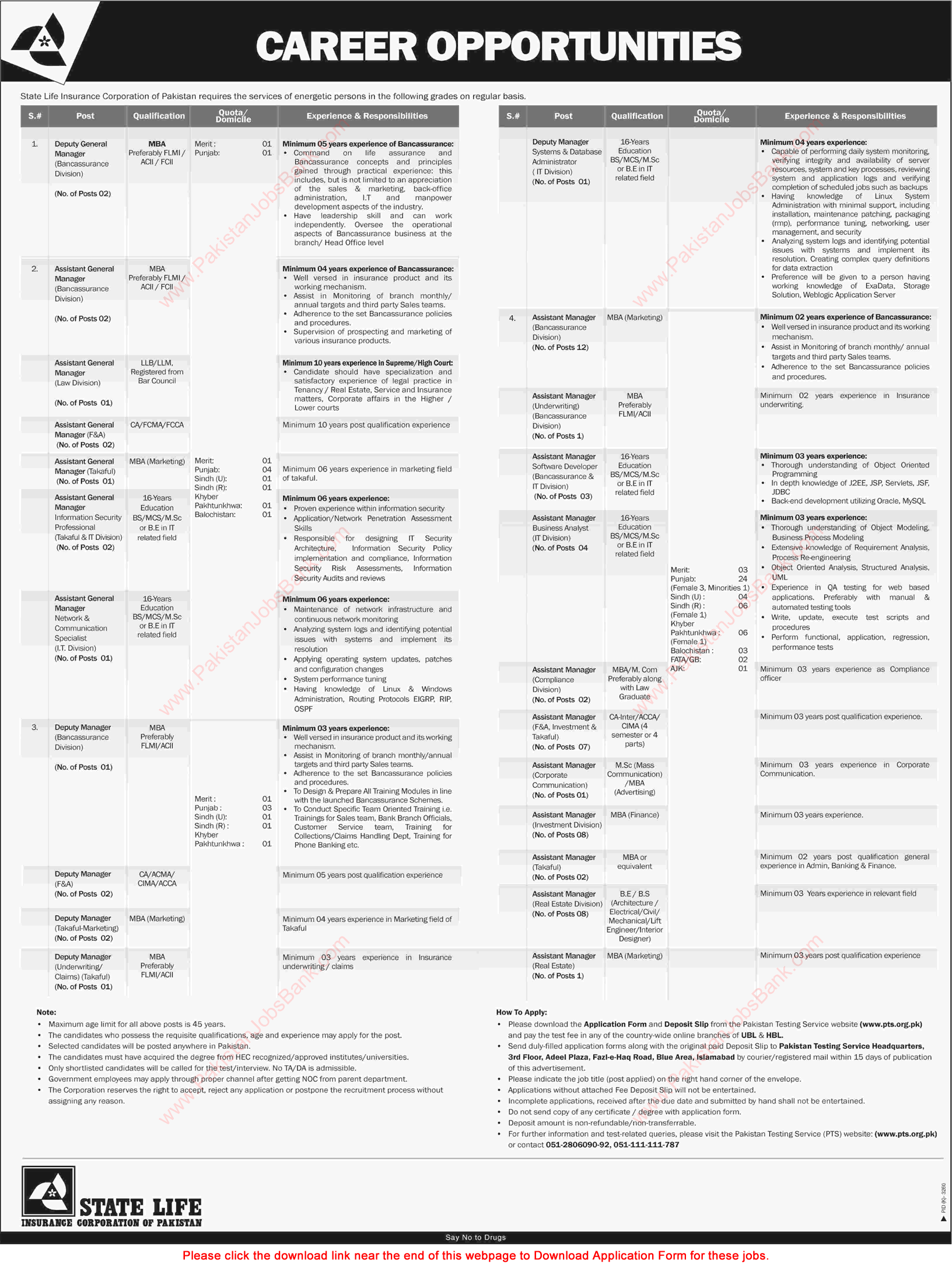 State Life Insurance Corporation of Pakistan Jobs February 2019 March PTS Application Form Assistant / Deputy Managers Latest