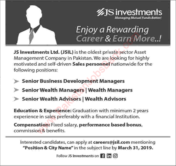 JS Investments Limited Pakistan Jobs 2019 March Business Development Managers, Wealth Managers & Advisors Latest