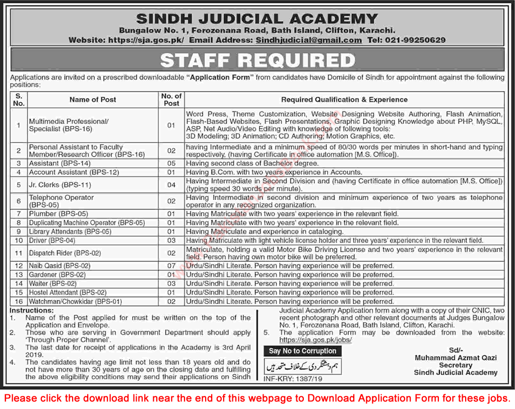 Sindh Judicial Academy Karachi Jobs 2019 March Application Form Naib Qasid, Assistant, Clerk & Others Latest