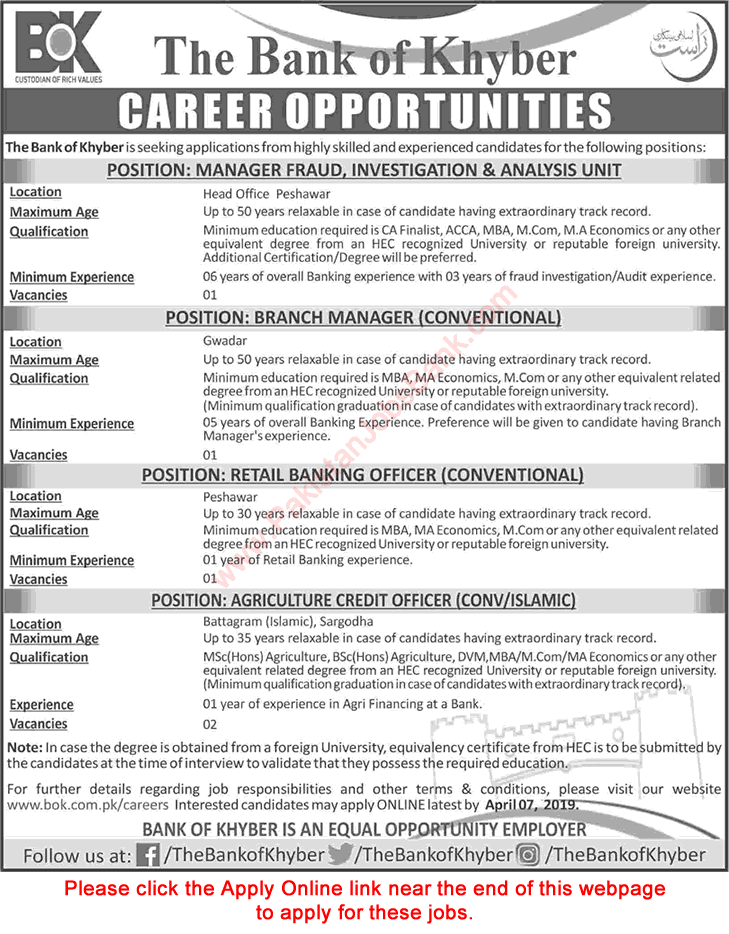 Bank of Khyber Jobs March 2019 Apply Online Agriculture Credit Officer, Banking Officer & Others Latest