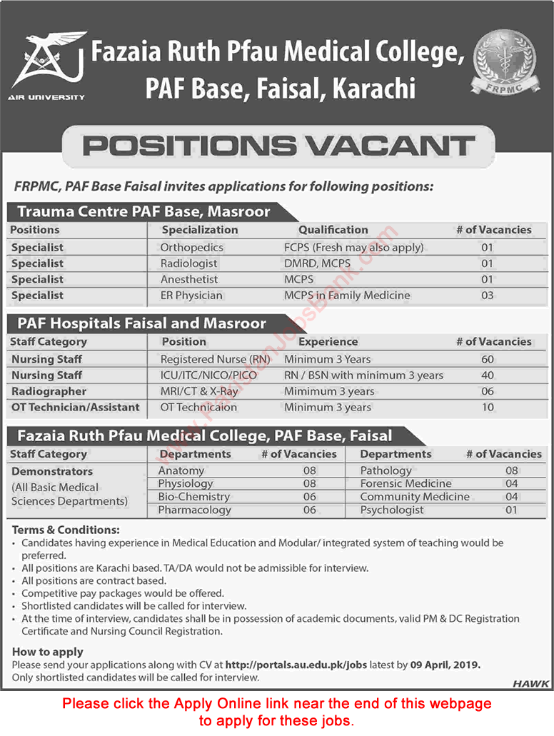 Fazaia Ruth Pfau Medical College Karachi Jobs 2019 March Apply Online Nurses, Demonstrators & Others Latest