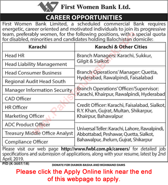 First Women Bank Limited Jobs 2019 March Apply Online Credit Officers, Tellers & Others FWBL Latest