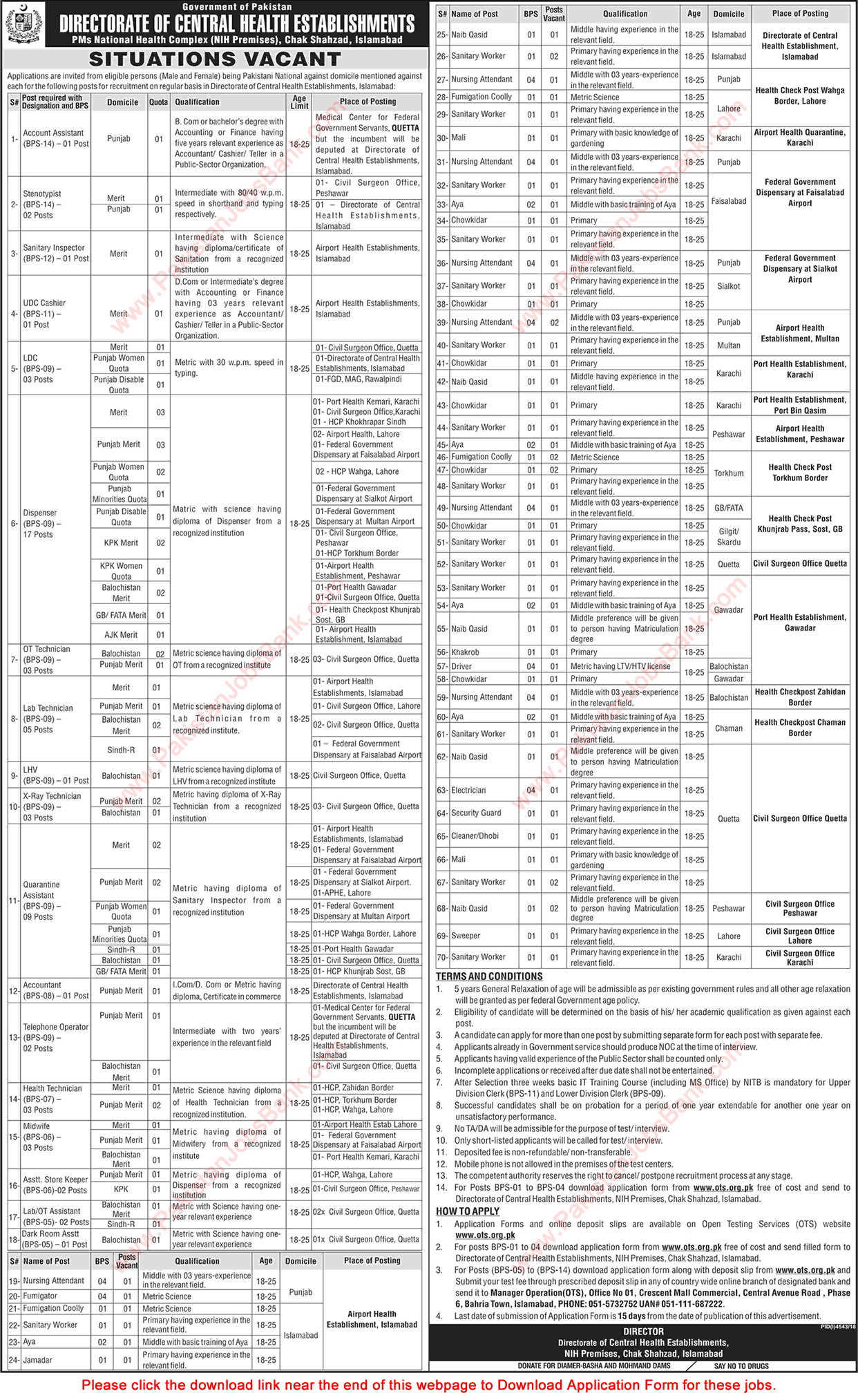 Directorate of Central Health Establishment Jobs 2019 March / April OTS Application Form Download Latest