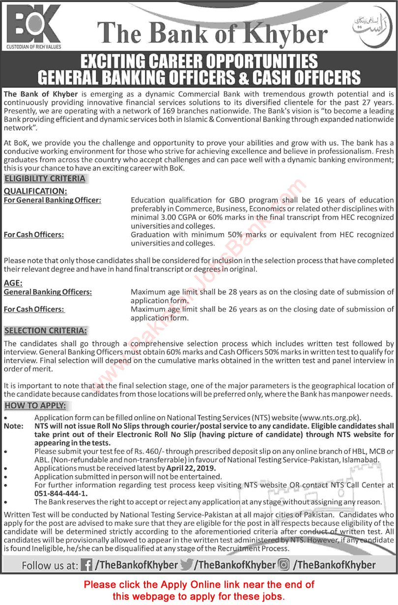 Bank of Khyber Jobs April 2019 NTS Apply Online Cash Officers & General Banking Officers Latest