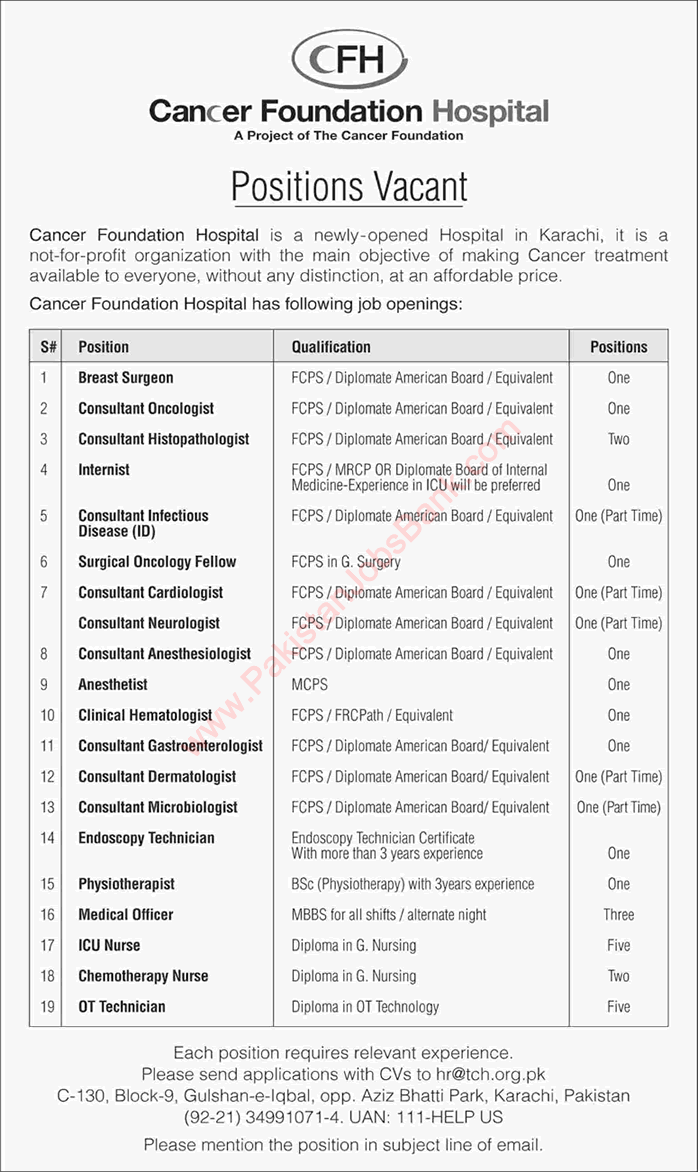 Cancer Foundation Hospital Karachi Jobs April 2019 Nurses, Medical Officers & Others Latest