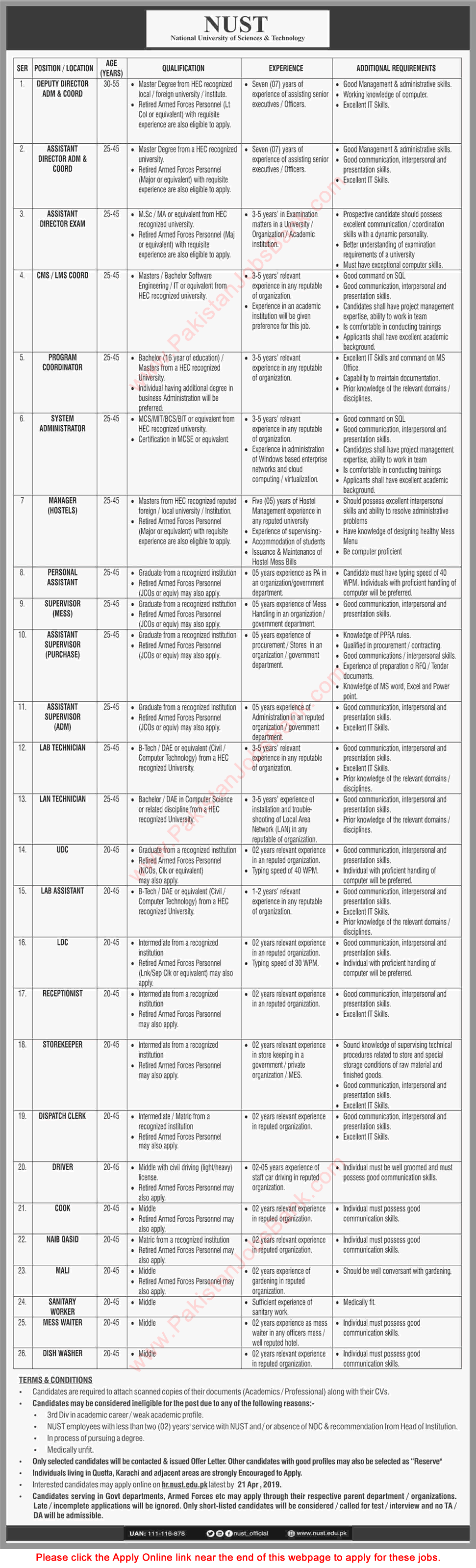 NUST University Islamabad Jobs April 2019 Apply Online Clerks, Lab Technicians / Assistants & Others Latest