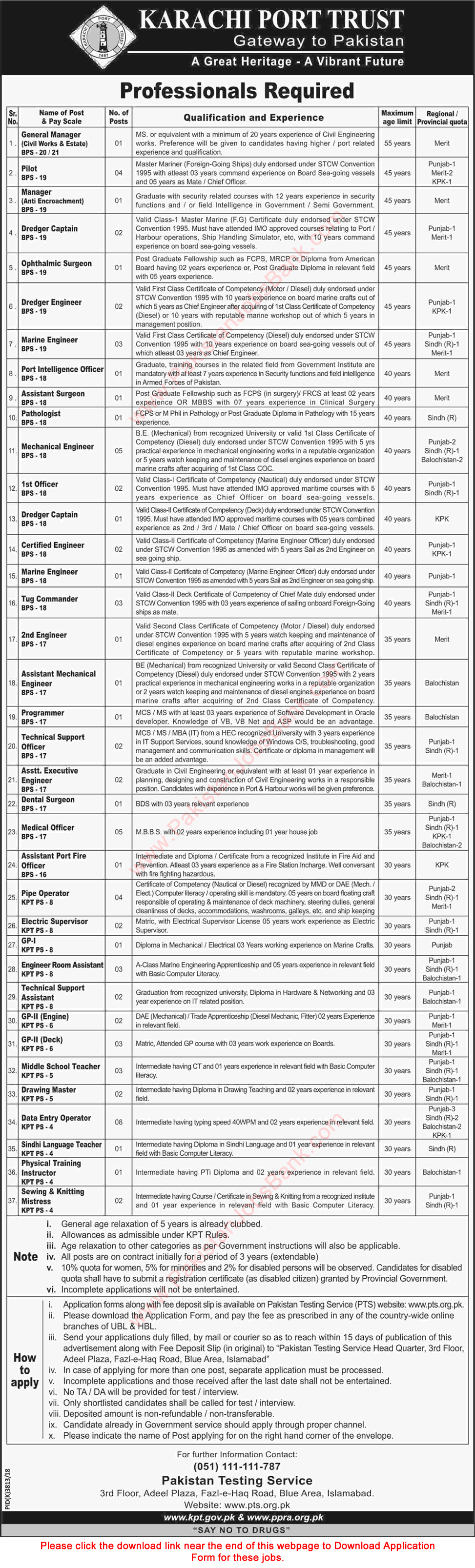 Karachi Port Trust Jobs April 2019 PTS Application Form Engineers, Data Entry Operators & Others Latest