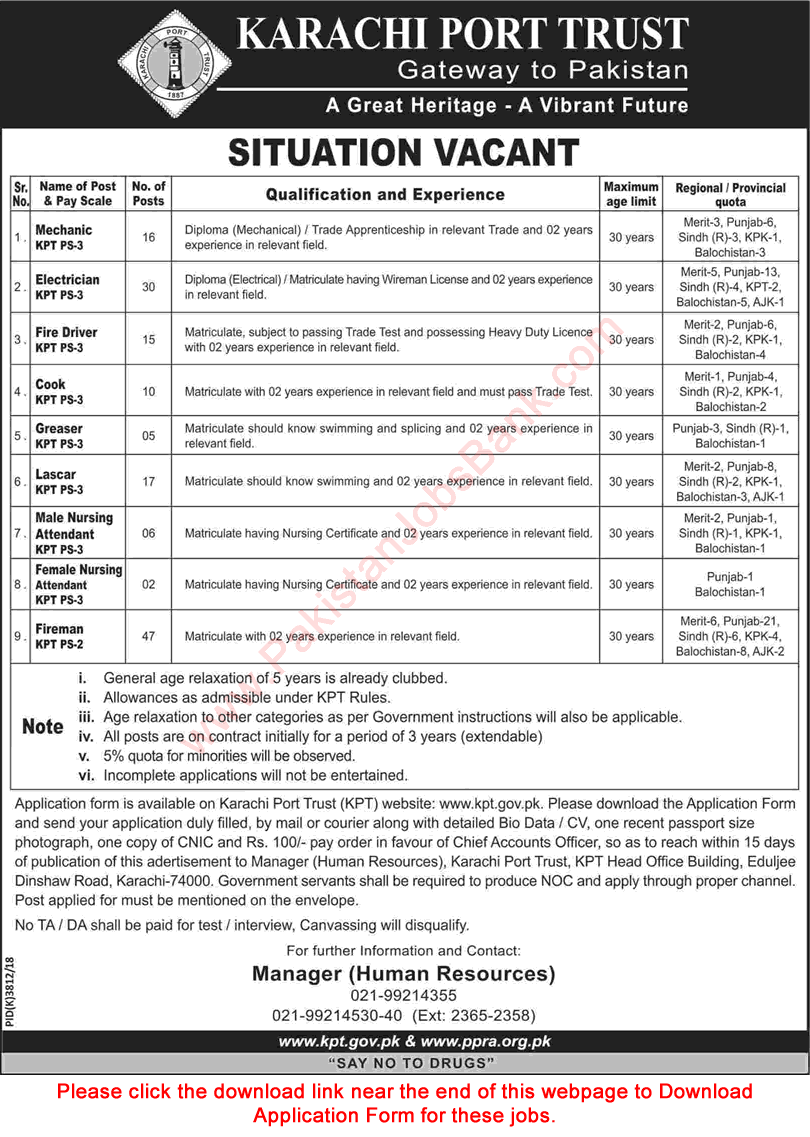 Karachi Port Trust Jobs April 2019 KPT Application Form Fireman, Electricians & Others Latest