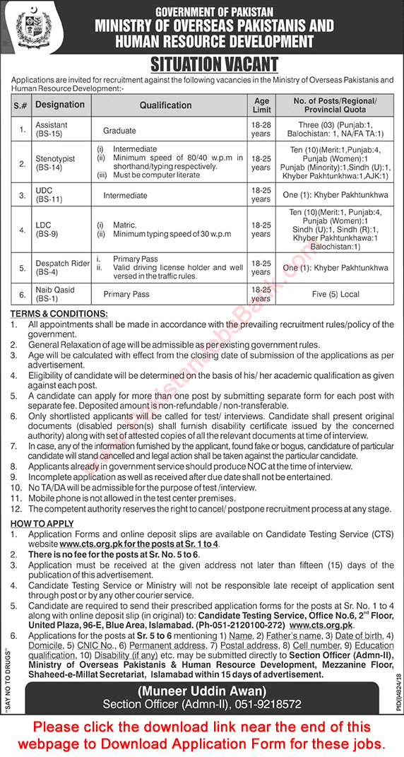 Ministry of Overseas Pakistanis and Human Resource Development Jobs 2019 April CTS Application Form Latest