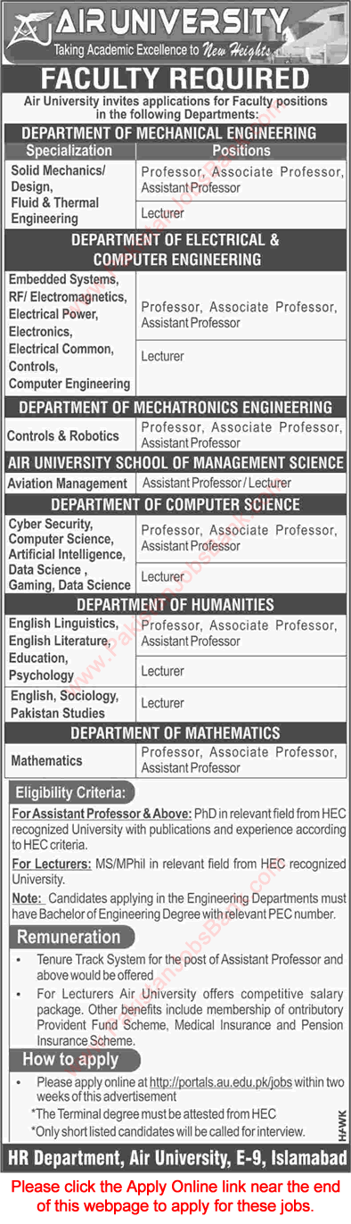 Air University Islamabad Jobs April 2019 Teaching Faculty Apply Online Latest