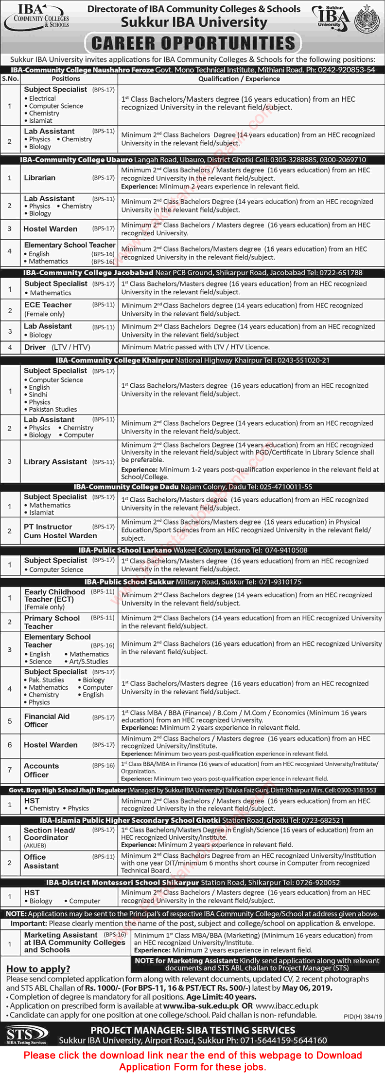 IBA Community Colleges and Schools Sindh Jobs 2019 April Application Form Sukkur IBA University Latest