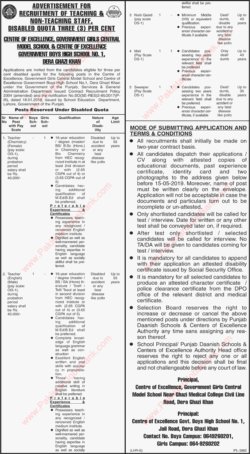 Danish School Dera Ghazi Khan Jobs May 2019 Teachers & Others Disable Quota Latest