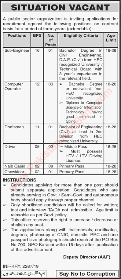 PO Box 700 GPO Karachi Jobs 2019 May Computer Operators, Naib Qasid & Others Public Sector Organization Latest