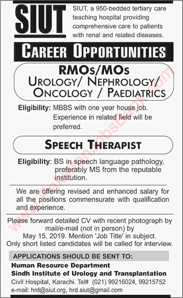 SIUT Karachi Jobs May 2019 Medical Officers & Speech Therapist Latest