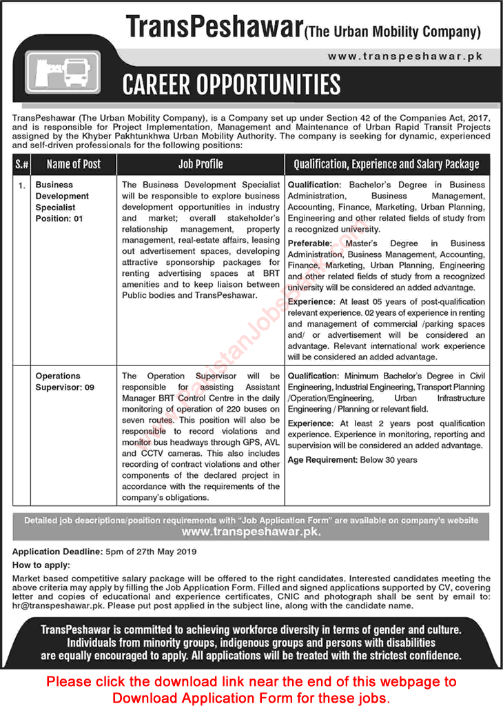 TransPeshawar Jobs 2019 May Application Form Operations Supervisor & Business Development Specialist Latest