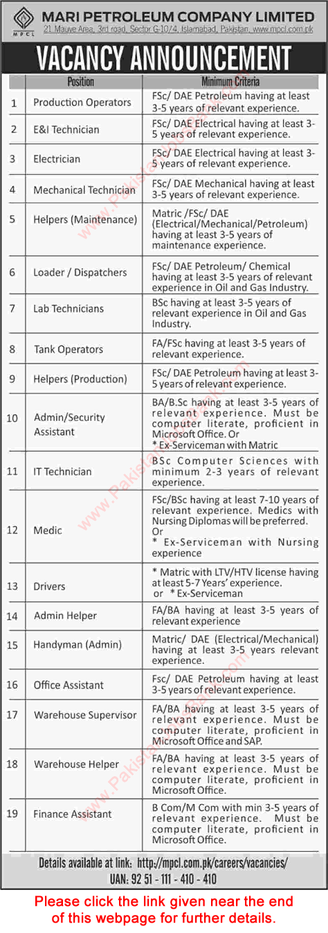 Mari Petroleum Company Limited Jobs 2019 May Production Operators, Lab Technicians & Others Latest