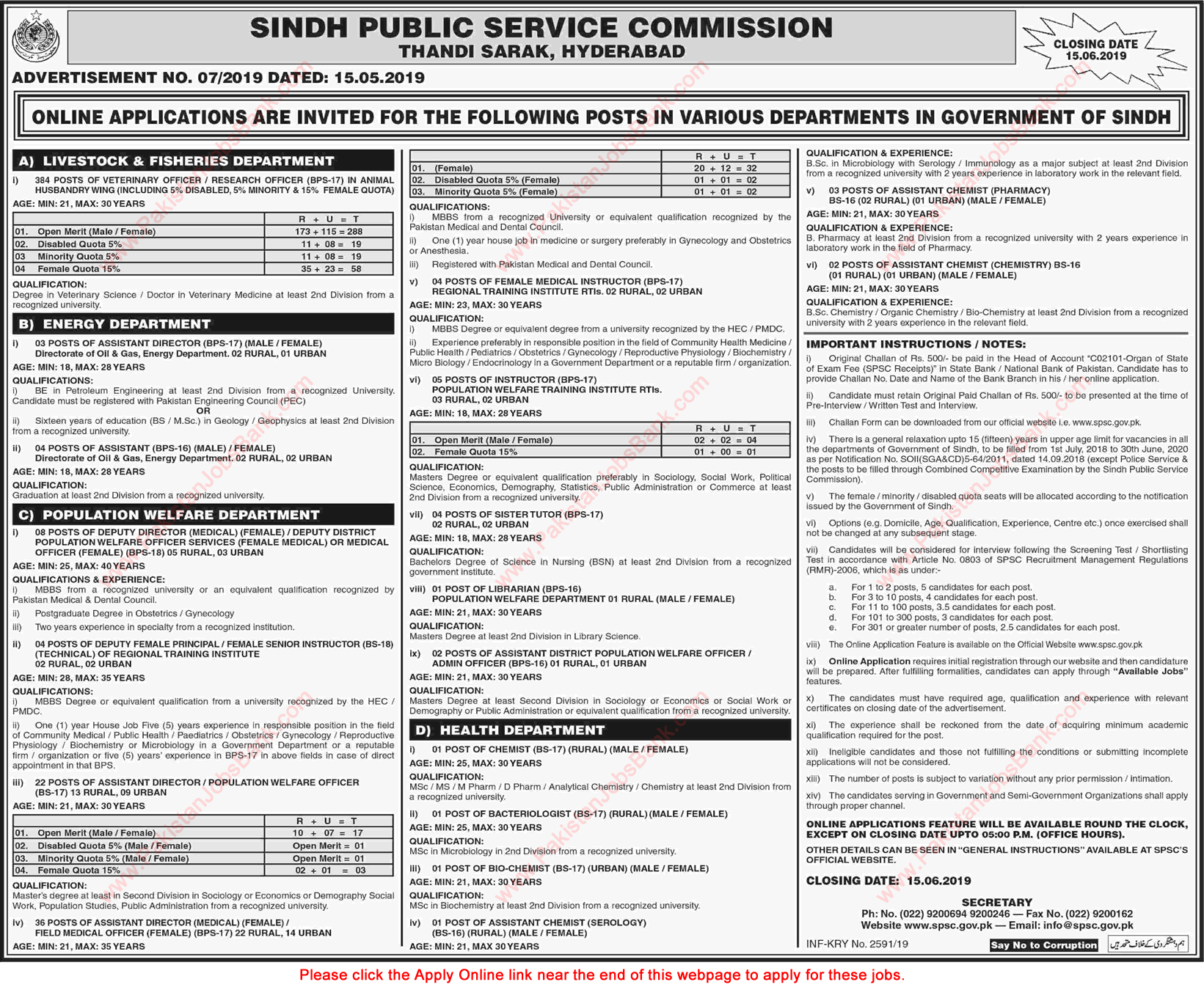 SPSC Jobs May 2019 Apply Online Consolidated Advertisement No 7/2019 07/2019 Latest