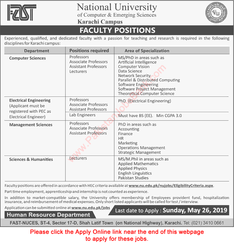 FAST University Karachi Jobs 2019 May Apply Online Teaching Faculty Latest