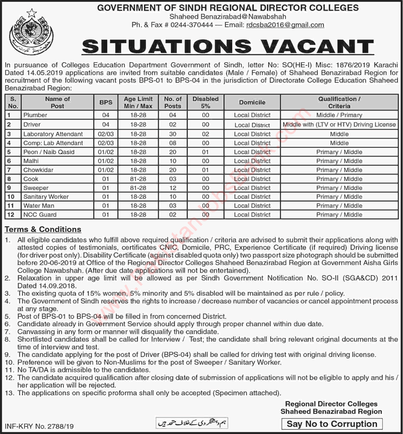 Directorate of College Education Shaheed Benazirabad Jobs 2019 May Naib Qasid, Chowkidar & Others Latest