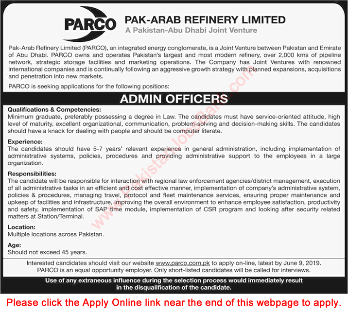 Admin Officer Jobs in PARCO May 2019 Apply Online Pak Arab Refinery Limited Latest