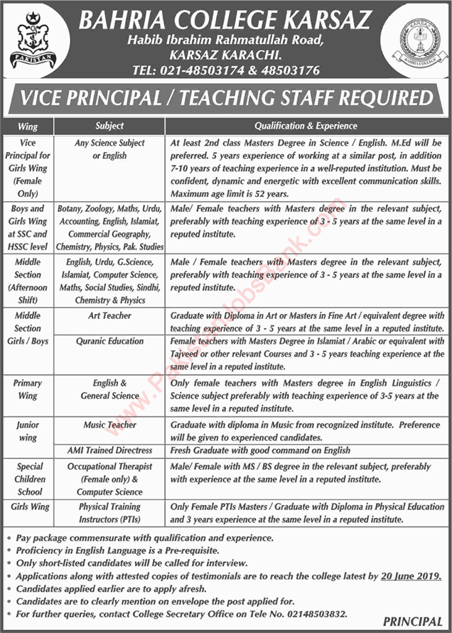 Bahria College Karsaz Karachi Jobs June 2019 Teacher & Vice Principal Latest