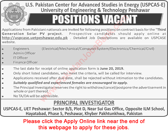US Pakistan Center for Advanced Studies in Energy UET Peshawar Jobs June 2019 Apply Online Latest