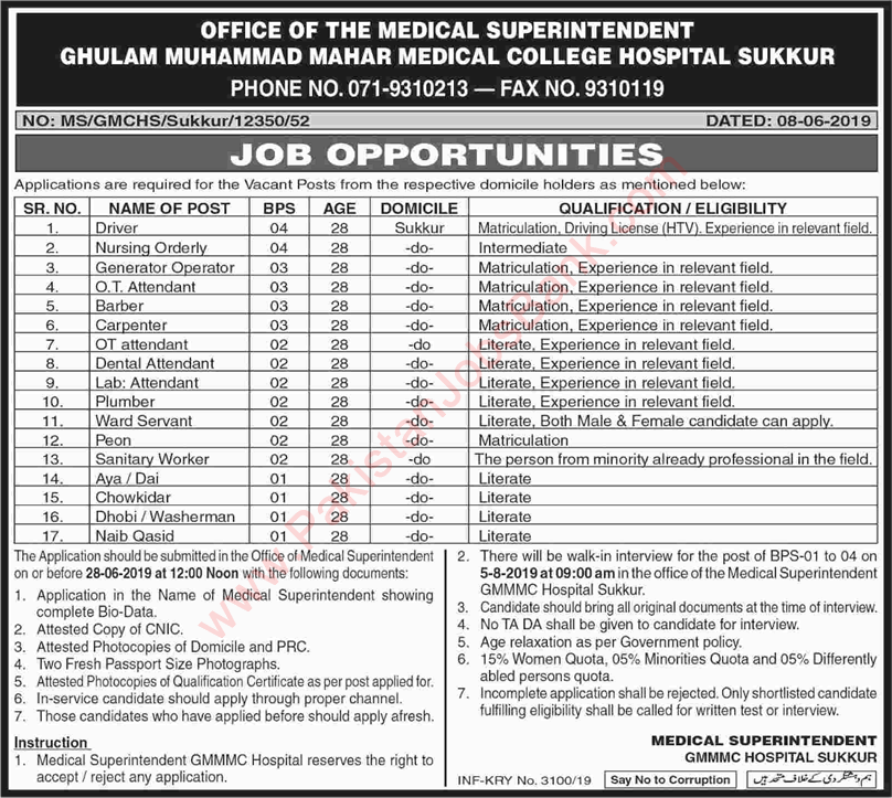 GMMMC Sukkur Jobs 2019 June Ghulam Muhammad Mahar Medical College Latest